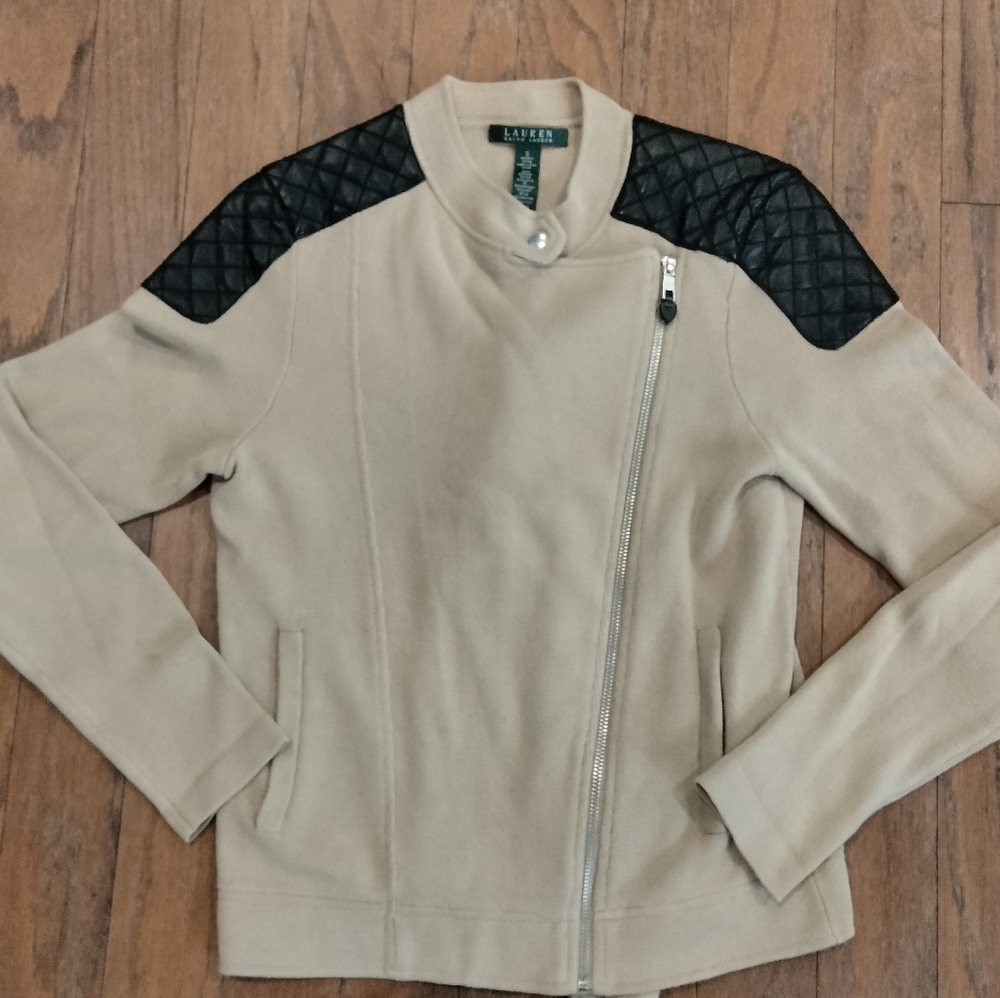 LAUREN RALPH LAUREN Rider Jacket 100 % Cotton W/ Leather Detail